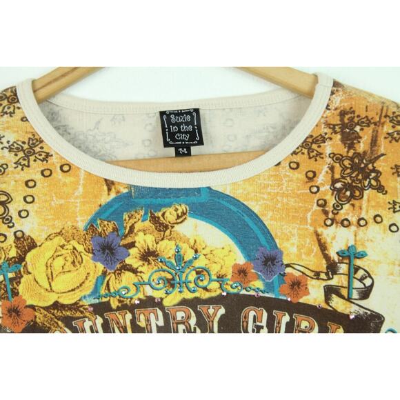 Vintage M Top Y2K 90s Western Cowgirl Allover Print Rodeo Boho Floral Sequins - Picture 3 of 9